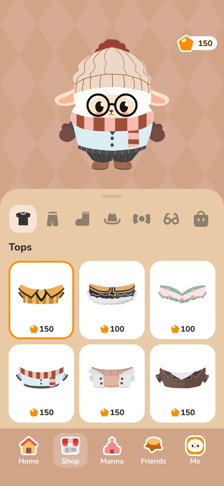 FaithTime lamb customization screen with outfits and accessories