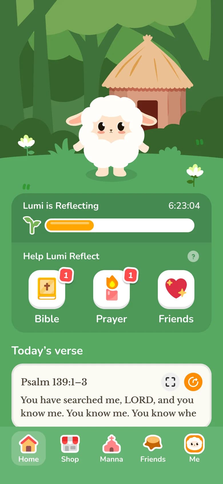 FaithTime home screen with devotional progress and a growing lamb