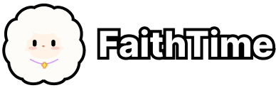 A fluffy white cartoon sheep with a purple collar and yellow cross pendant next to the bold black text “FaithTime” on a light gray background.
