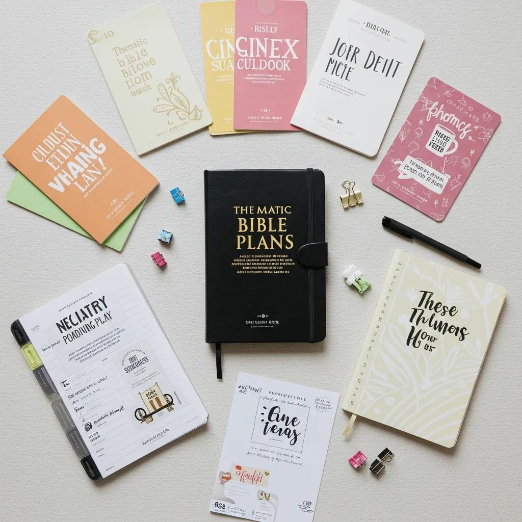 A flat lay of a black Bible planner surrounded by notebooks, devotionals, stationery, planner clips, and journaling supplies on a light background. The items are neatly arranged in a circular pattern.