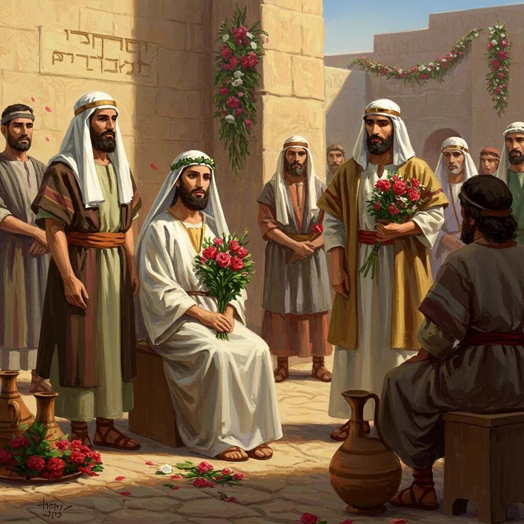 A group of men in ancient Middle Eastern attire, some holding flower bouquets, gather outdoors near stone buildings decorated with garlands. One seated man in white is surrounded by standing figures and pottery vessels.