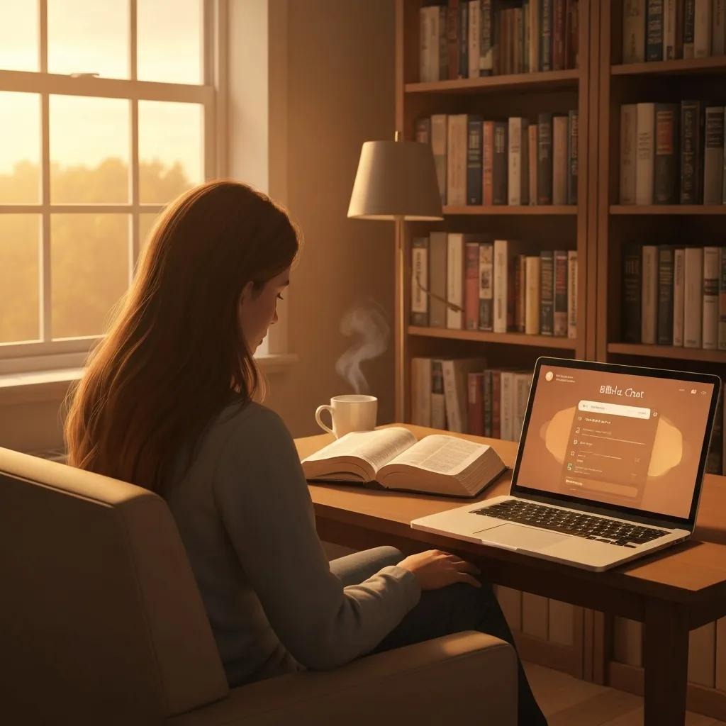a girl studying bible through the help of AI