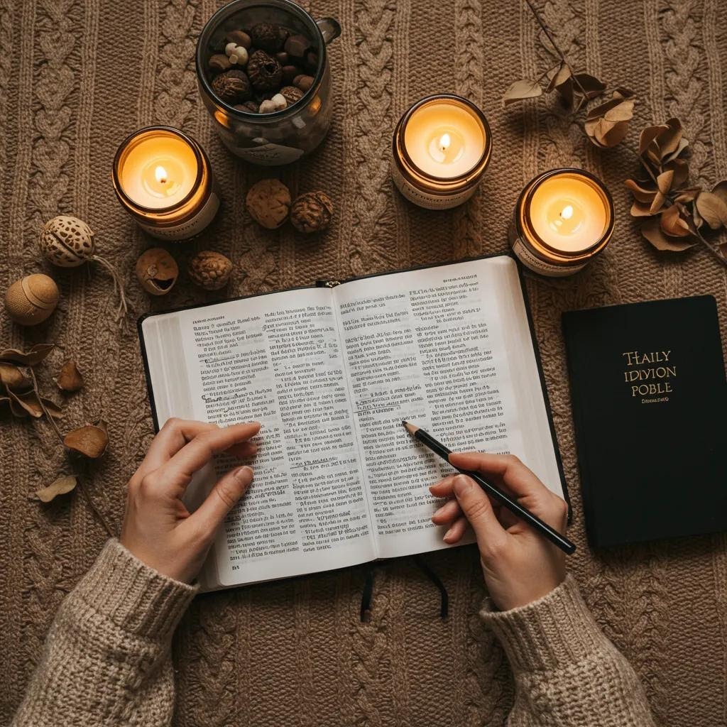 A person reading and underlining a passage in an open Bible on a knitted surface, surrounded by three lit candles, a black notebook, nuts, and dried leaves, creating a cozy, warm atmosphere.