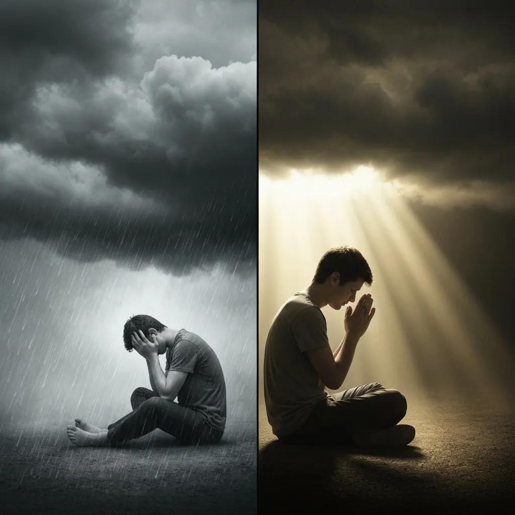 a guy praying in happiness and sorrow