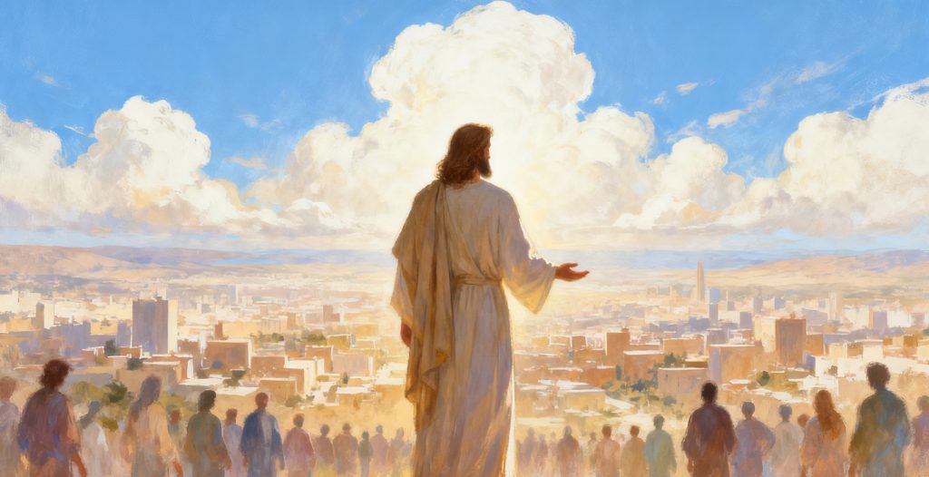 A figure in white robes stands with an outstretched arm before a cityscape under a bright, cloudy sky, as people gather and look toward him, bathed in warm, golden sunlight.