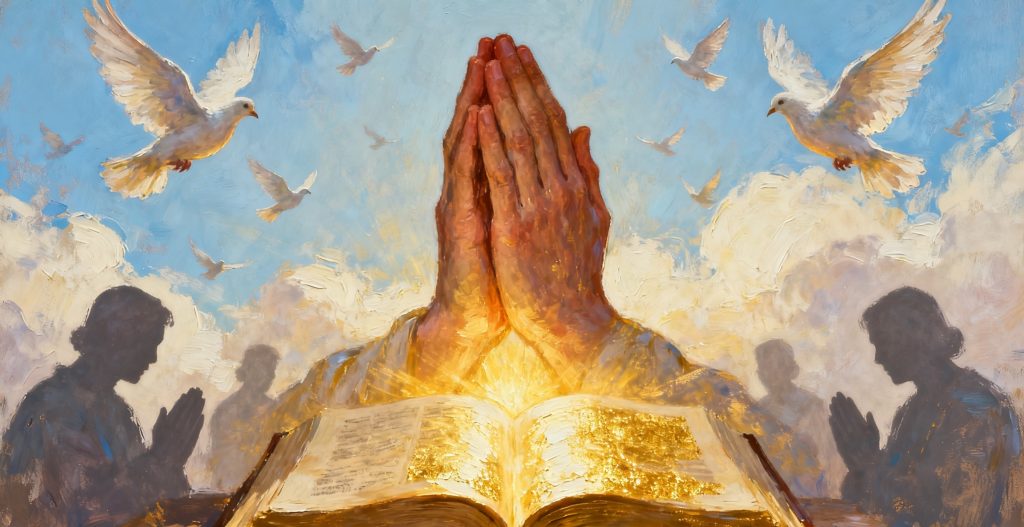 A painting of hands pressed together in prayer over an open, glowing book, surrounded by doves flying in a bright, cloudy sky, with shadowy praying figures in the background.