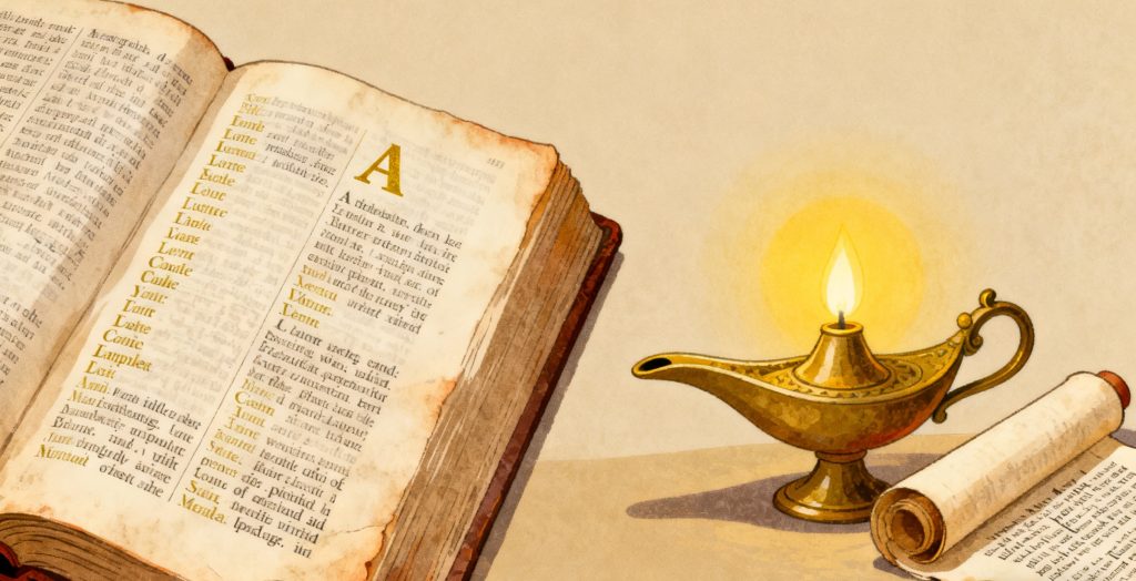 An open, aged book with highlighted text sits next to a lit oil lamp and a rolled parchment on a table, creating a warm, scholarly atmosphere.