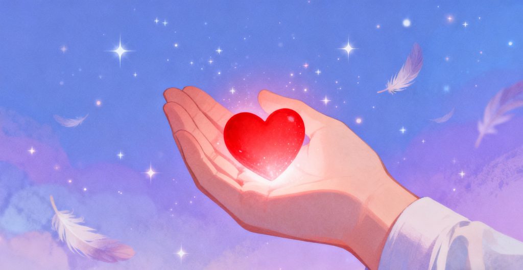 A hand gently holds a glowing red heart against a dreamy sky with soft clouds, white feathers, and sparkling stars. The background is a gradient of blue and purple hues, evoking a sense of warmth and wonder.
