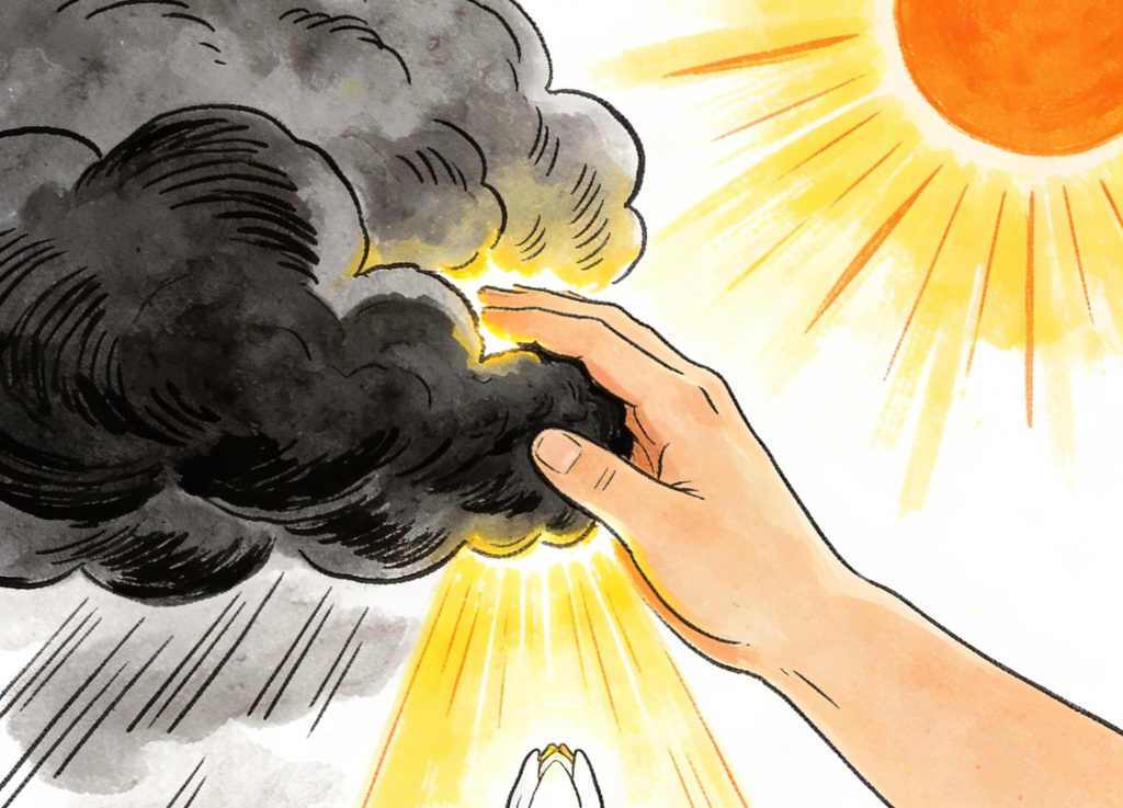 A hand pushes away dark storm clouds, revealing bright sunlight and a shining sun in the sky, symbolizing hope or a positive change.