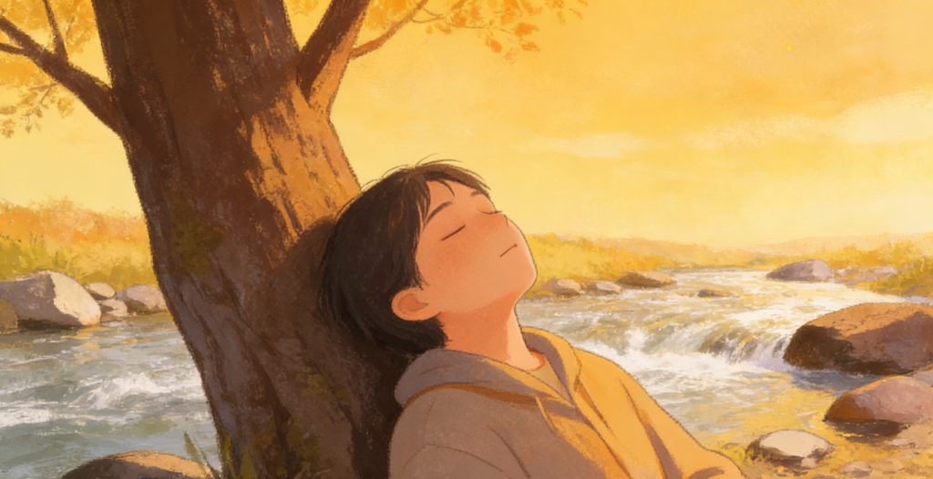 An animated person with short dark hair leans against a tree by a flowing river, eyes closed, enjoying the warm golden light of sunset in a peaceful nature setting.