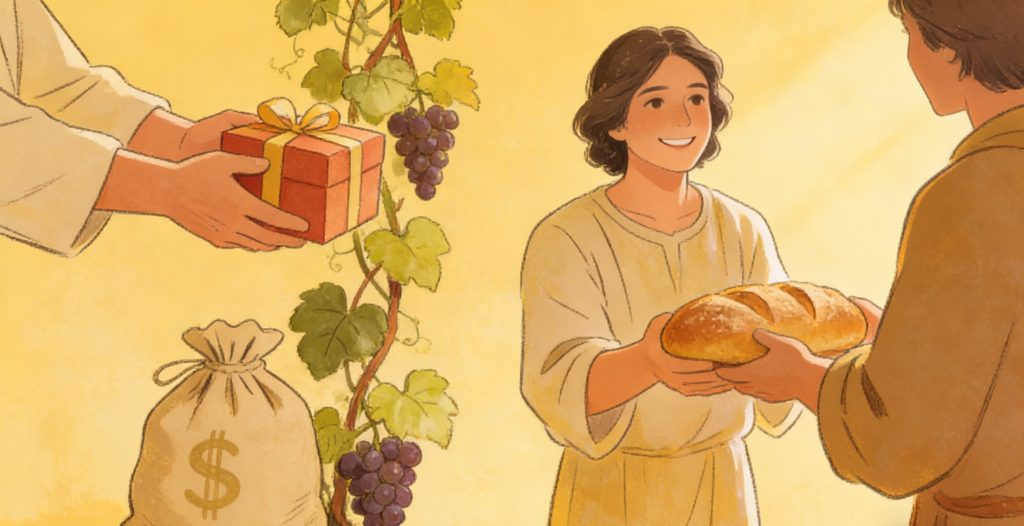 A person hands a loaf of bread to another, while a gift box, a money bag, and a grapevine appear nearby, symbolizing giving and generosity. The scene is warmly lit and cheerful.