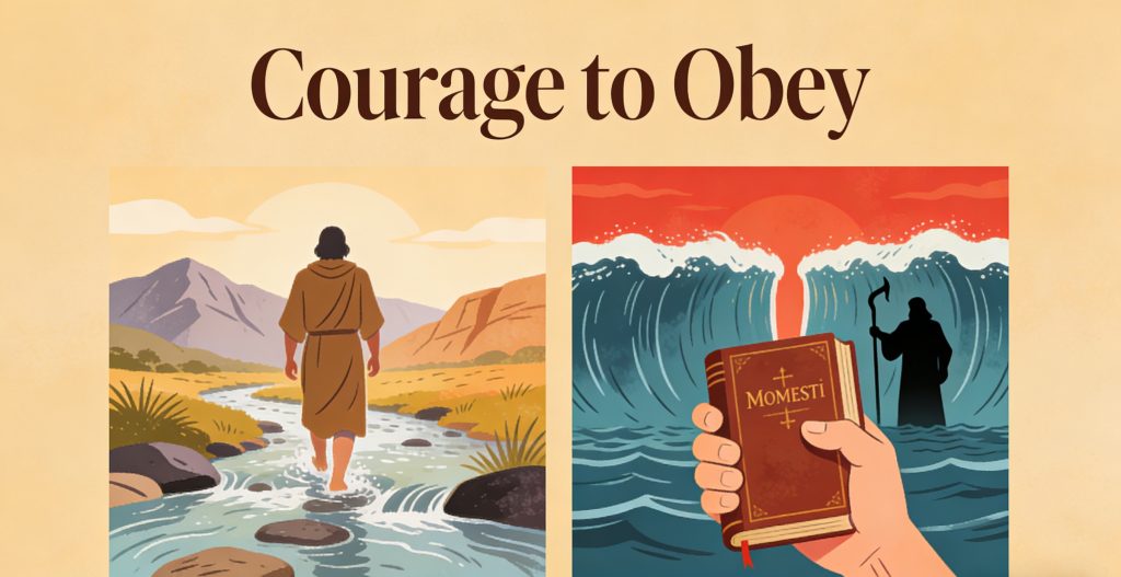 An illustration with the title Courage to Obey shows a person walking across a river on the left, and a hand holding a book labeled Momesti before parted sea waves with a figure holding a staff on the right.