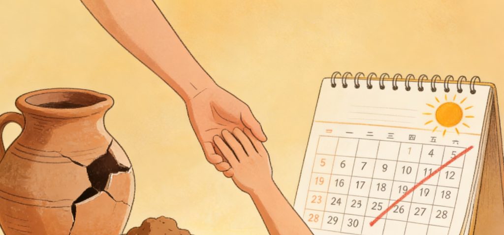 An adult hand helps a child’s hand near a cracked clay pot and a calendar with dates crossed off, under a bright sun, symbolizing hope, assistance, and the passage of time.