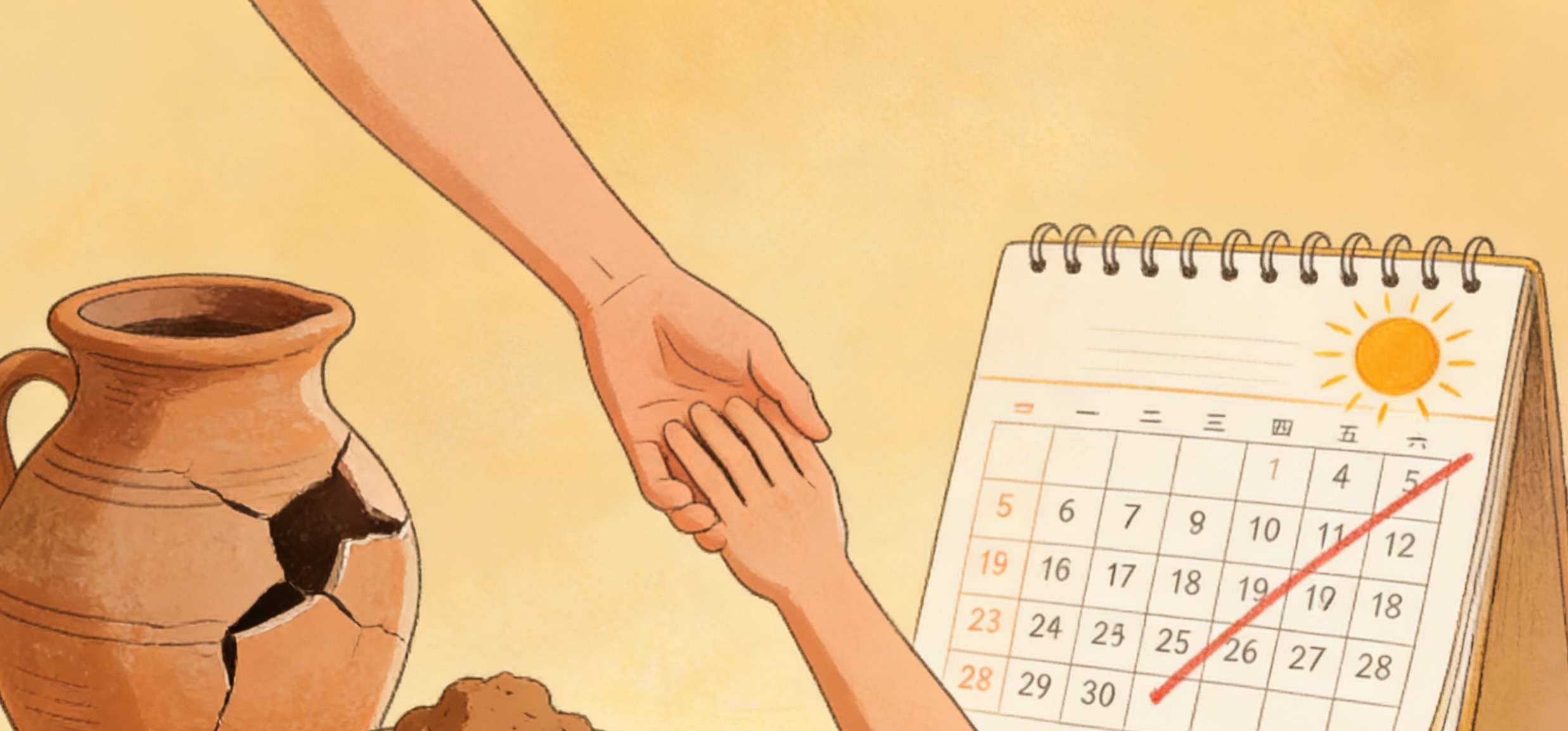 An adult hand helps a child’s hand near a cracked clay pot and a calendar with dates crossed off, under a bright sun, symbolizing hope, assistance, and the passage of time.