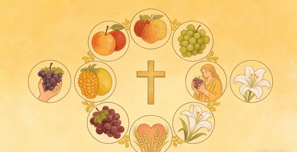 A golden cross surrounded by illustrated circles containing fruits (apples, strawberries, grapes, pineapple, green grapes), a stalk of wheat, lilies, a heart, a hand holding grapes, and a woman holding grapes, all on a yellow background.