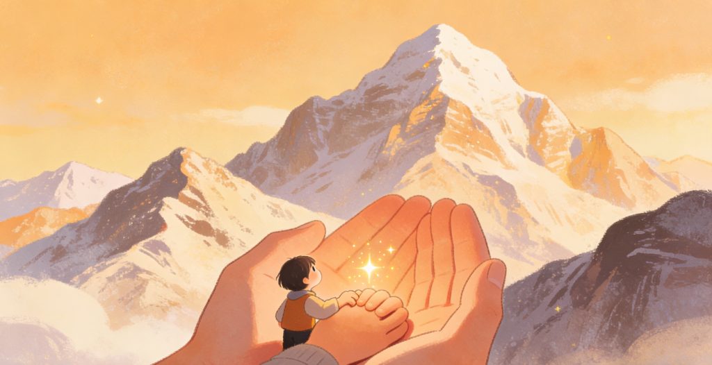 An illustration of two large hands gently holding a childs hands, with a glowing light between them, set against a backdrop of snow-capped mountains at sunrise or sunset.