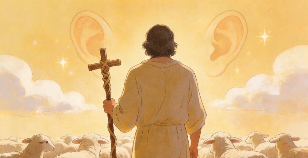 A shepherd holding a staff stands among sheep, facing two large, glowing ears in the sky surrounded by clouds and sparkles, suggesting the theme of listening or being heard.