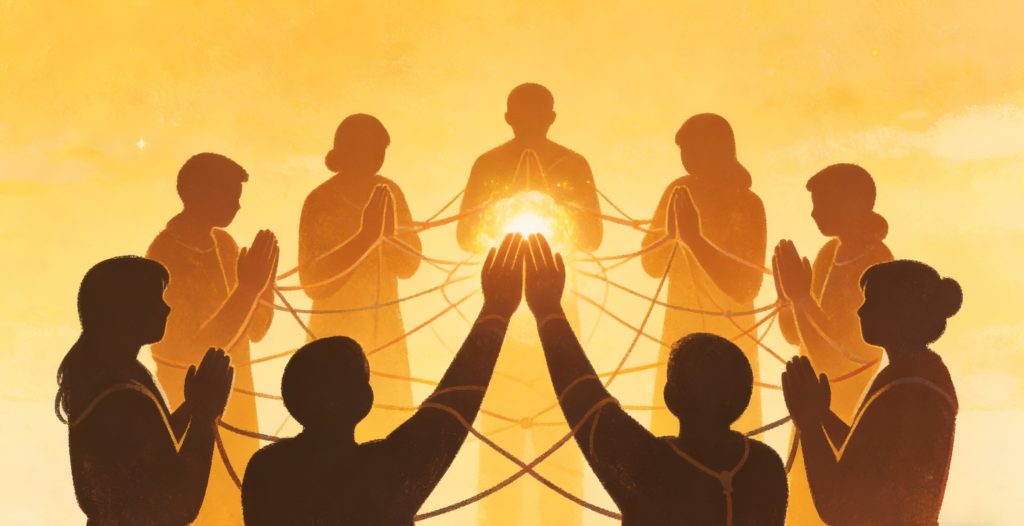 Eight silhouetted people stand in a circle, connected by glowing threads, holding hands in prayer or meditation, with a bright light at the center, all against a warm golden background.