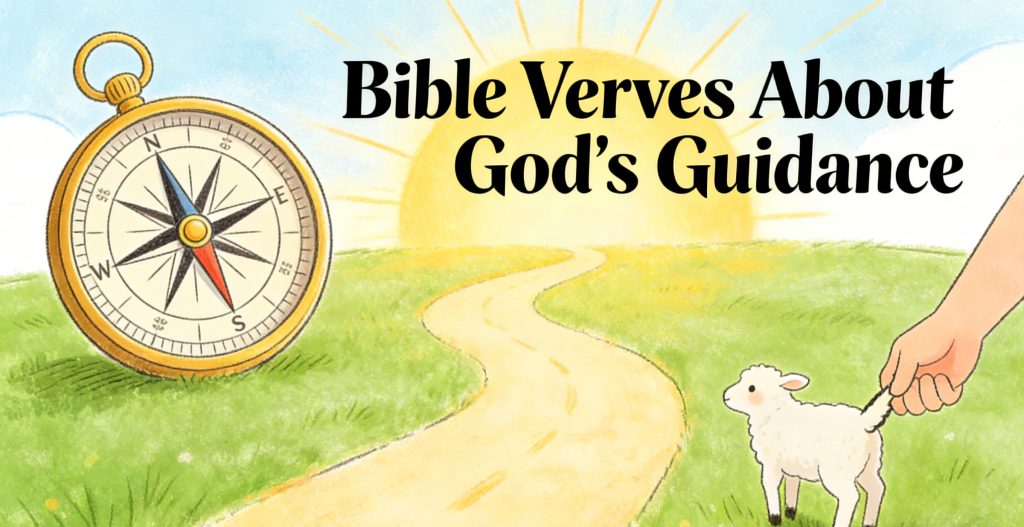 A hand guides a lamb along a winding path toward a sunrise, with a large compass and the text “Bible Verses About God’s Guidance.”.