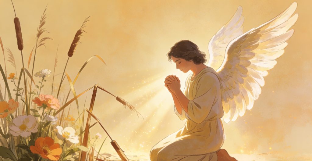 A glowing angel with white wings kneels in prayer among wildflowers and tall grass, bathed in warm golden light.