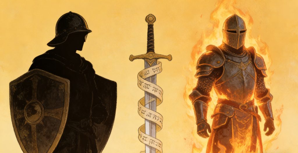 Two armored knights stand side by side: one in dark armor holding a shield, the other in glowing armor engulfed in flames. Between them is a large sword with runes spiraling up the blade.