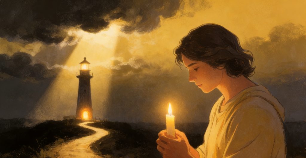 A person holding a lit candle stands on a path leading to a glowing lighthouse under dramatic, cloudy skies with rays of light breaking through. The scene is warm and serene, with golden illumination.