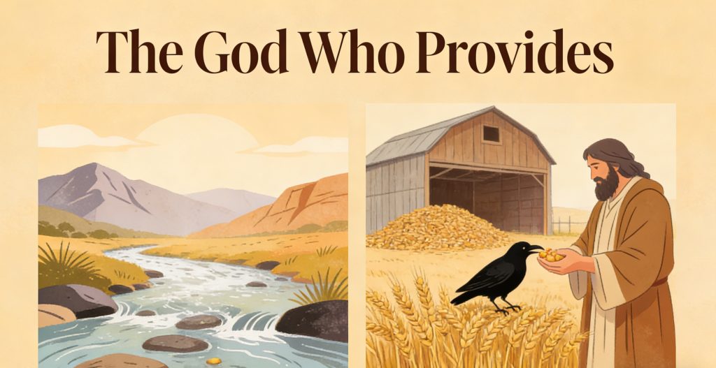 Two illustrations: on the left, a river flows through a valley with rocks and hills in the background; on the right, a man stands in wheat fields near a barn, feeding a black bird from his hand. Text above reads “The God Who Provides.”.