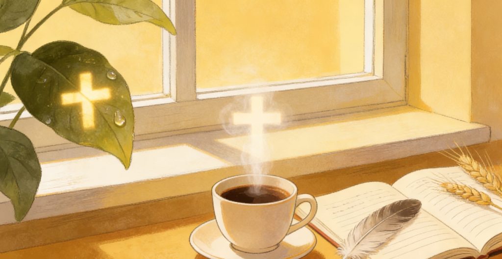 A cup of steaming coffee sits on a sunlit windowsill beside an open book, a feather, and wheat stalks. A cross is reflected in the steam and on a green leaf nearby, with sunlight streaming through the window.