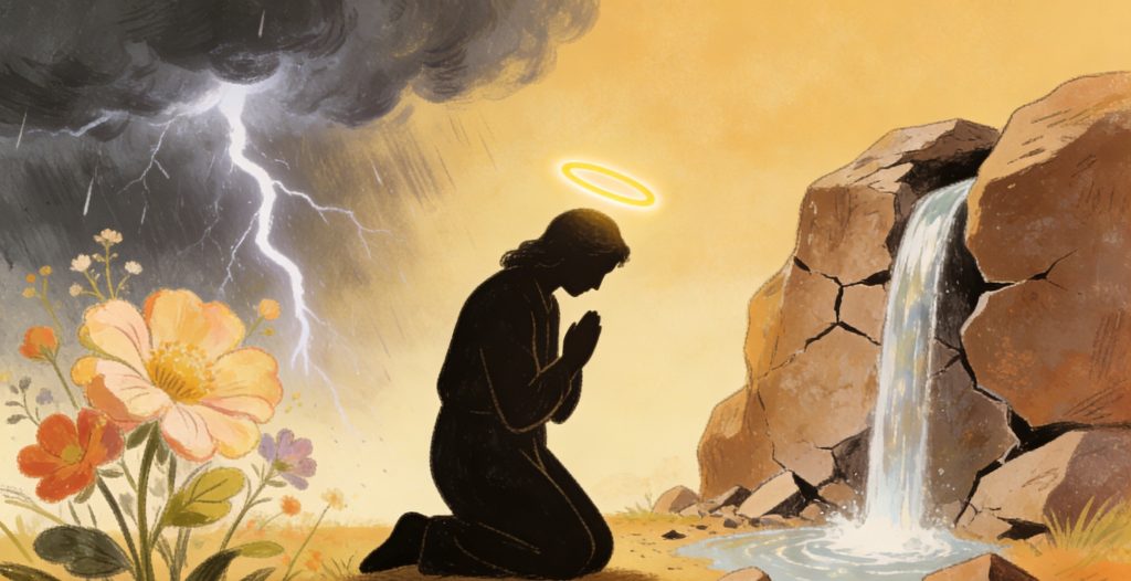 A person with a halo kneels and prays between a dark storm with lightning and a peaceful waterfall, surrounded by flowers, illustrating contrast between turmoil and tranquility.