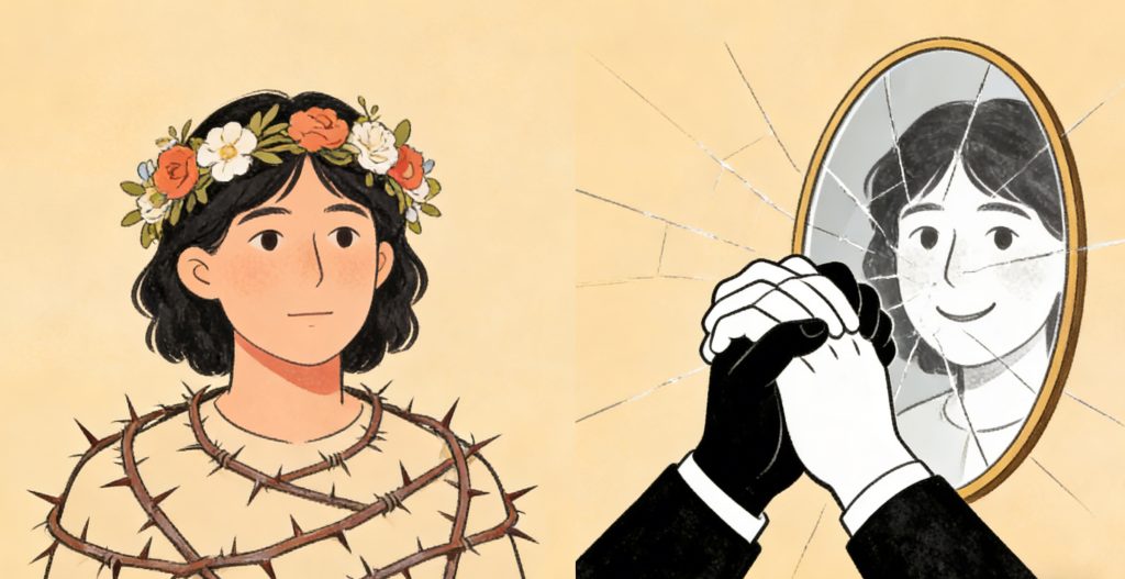 Illustration of a person with a flower crown and a thorn-covered shirt on the left, and their reflection in a cracked mirror on the right, where two hands are clasped in front of the mirror.