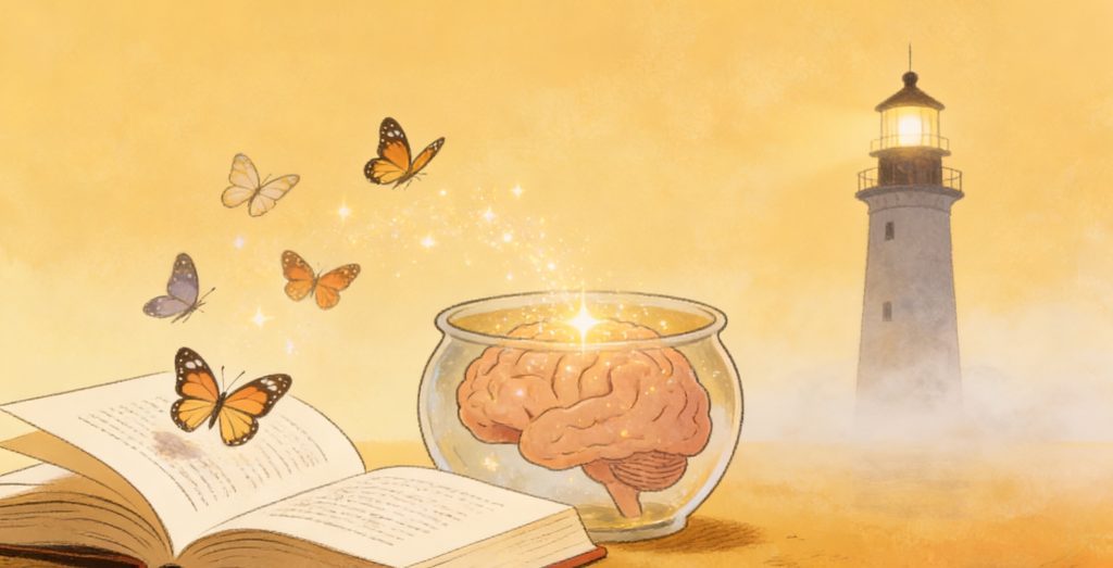 An open book, butterflies flying out, a glowing brain in a glass bowl, and a lighthouse shining through mist in the background, all set against a warm, golden sky.