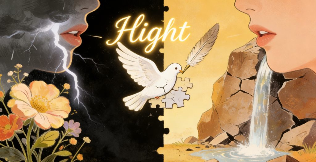 A split image shows stormy clouds and lightning on the left with flowers, and sunlight with a waterfall on the right. A dove holding a puzzle piece and feather connects both sides, with “Hight” written in the center.