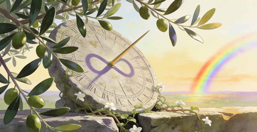 A stone sundial sits among vines and flowers, casting a shadow in the shape of an infinity symbol. Olive branches frame the scene, and a rainbow stretches across the pastel sky in the background.