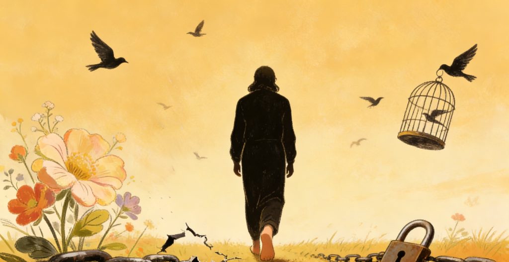 A person walks away from an open shackle toward a bright sky, with birds flying out of a cage and flowers blooming nearby, symbolizing freedom and new beginnings.