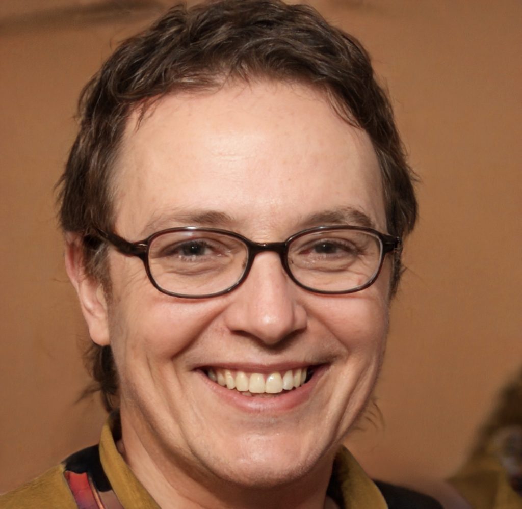 A person with short brown hair, glasses, and a warm smile is looking at the camera. They are wearing a mustard shirt and a dark jacket, with a softly blurred, light brown background.