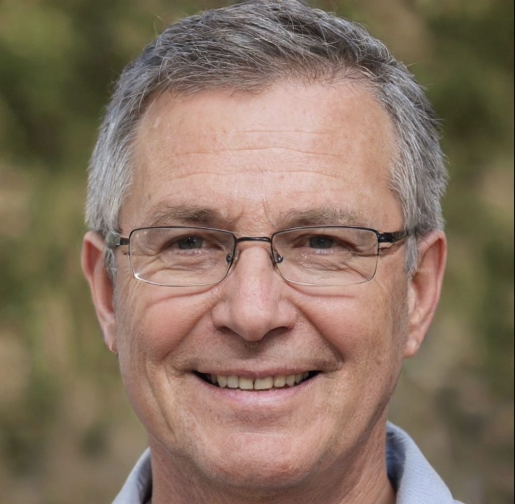 A middle-aged man with short gray hair and glasses smiles at the camera. He is wearing a light blue collared shirt, and the background is blurred greenery.