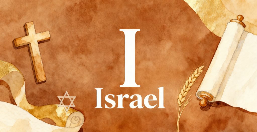 Watercolor illustration featuring a cross, Star of David, scroll, and wheat surrounding the word Israel with a large letter I above it on a brown background.