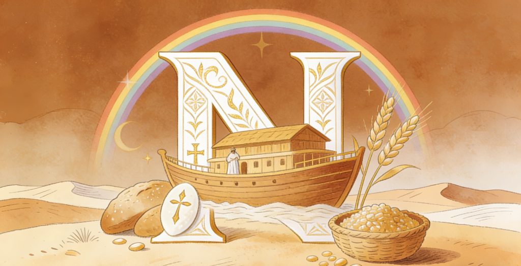 A large decorated letter N stands in a desert scene with Noahs Ark, a rainbow, bread, wheat, and a bowl of grain, evoking a biblical and agricultural theme.