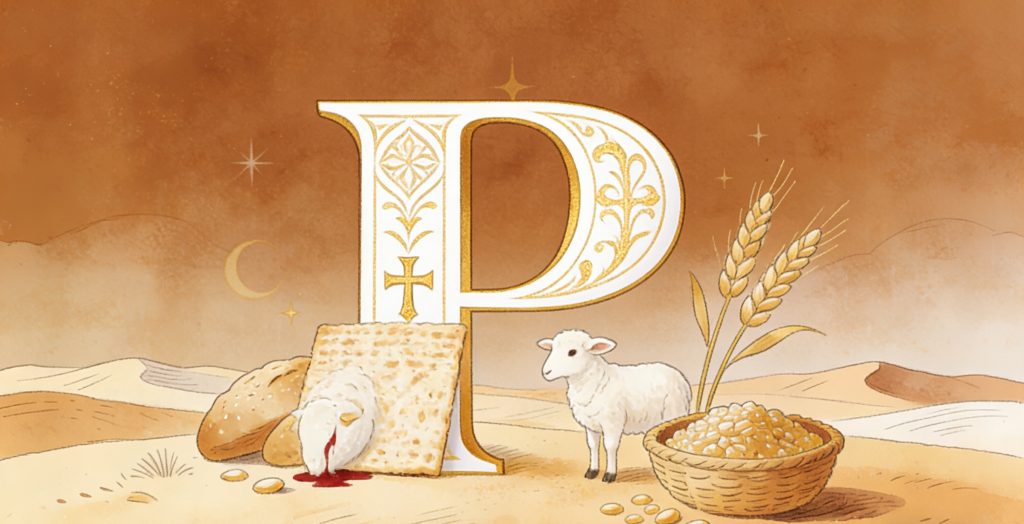 A large ornate letter P is surrounded by unleavened bread, a loaf, a lamb, a basket of grains, wheat stalks, and a desert background with stars and a crescent moon.