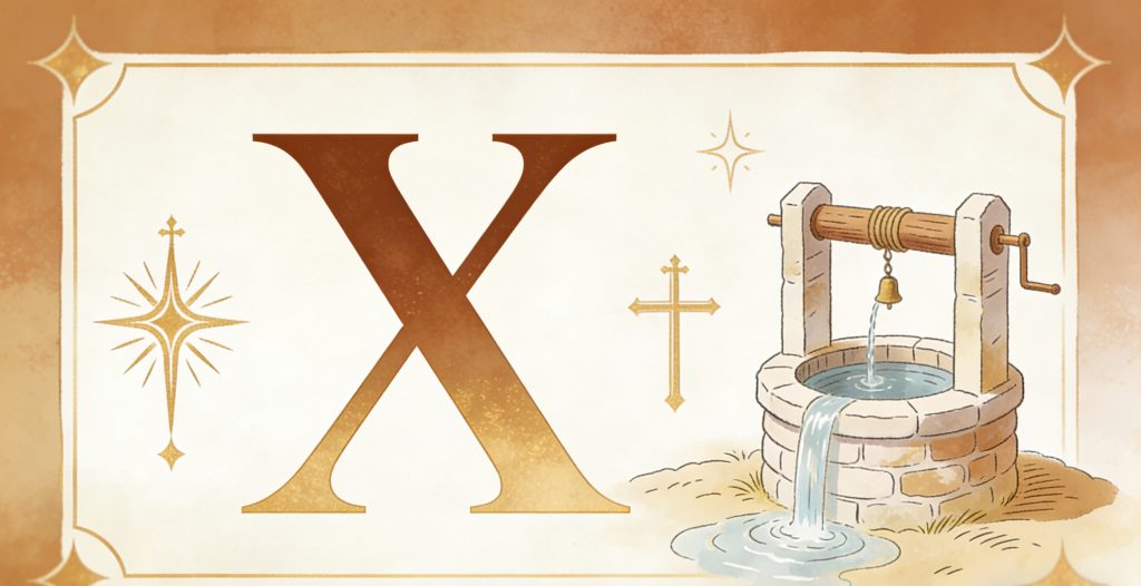 A large letter X is shown next to a stone well with water flowing from it. Gold decorative stars and a cross accent the cream-colored background with a soft brown border.