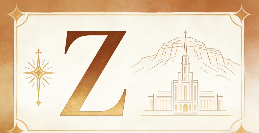 A stylized letter Z is centered between a gold star on the left and a line drawing of a temple with a mountain in the background on the right, all on a beige background with a decorative border.