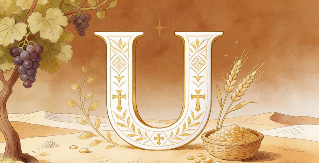 An ornate letter U decorated with gold patterns stands in a desert scene, surrounded by a grapevine, wheat stalks, and a basket of round bread or wafers. The background features gentle hills and a warm, golden sky.