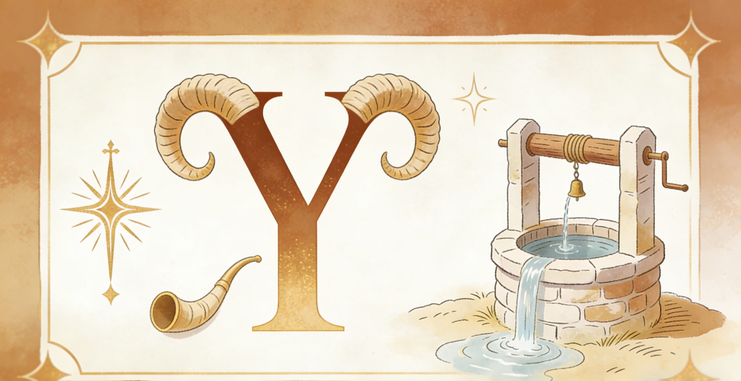 A large letter Y with ram horns, a golden horn, two shining stars, and a stone water well with flowing water on a decorative tan background.