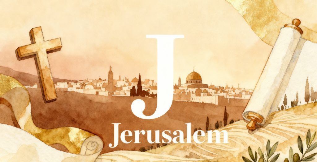 Watercolor illustration of Jerusalem with a large J and the word Jerusalem in white text. The city skyline features the Dome of the Rock, a wooden cross on the left, and an open scroll on the right.