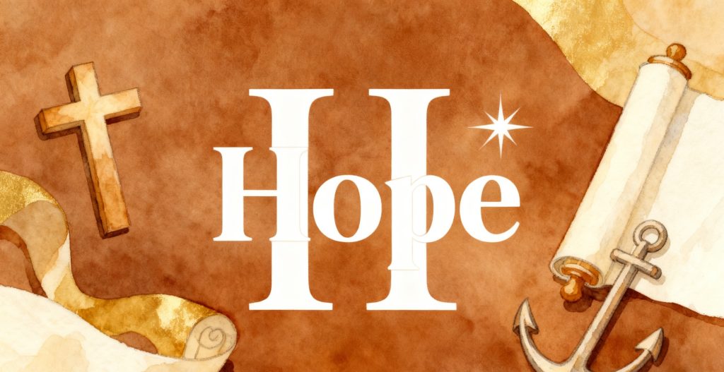 A watercolor illustration with the word Hope in large white letters, surrounded by a wooden cross, a scroll, and an anchor, all on a brown and gold background. A star shines near the text.
