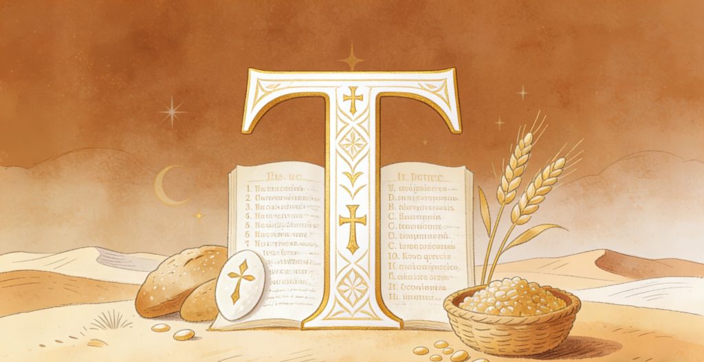 An ornate letter “T” stands in the center, flanked by loaves of bread, stalks of wheat, and a bowl of grains. In the background are tablets with Cyrillic text, sand dunes, a crescent moon, and a starry sky.