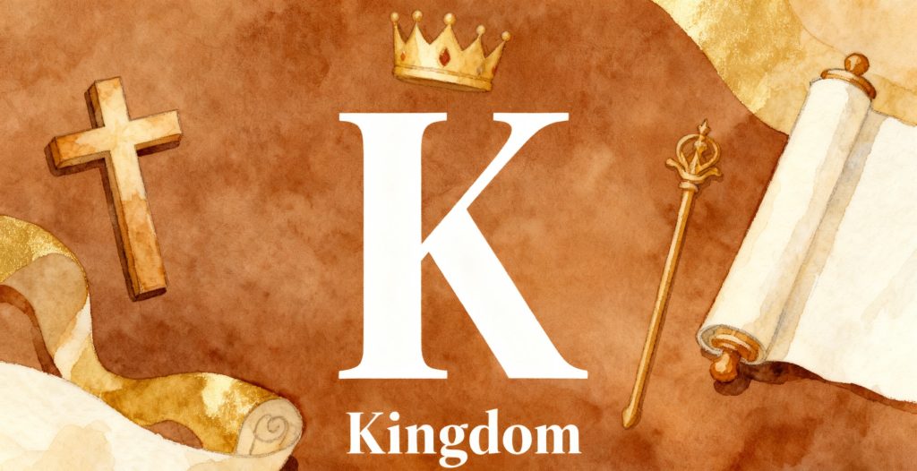 A large white letter K and the word Kingdom appear on a brown background with illustrations of a crown, cross, scepter, and scroll, all in a watercolor style.