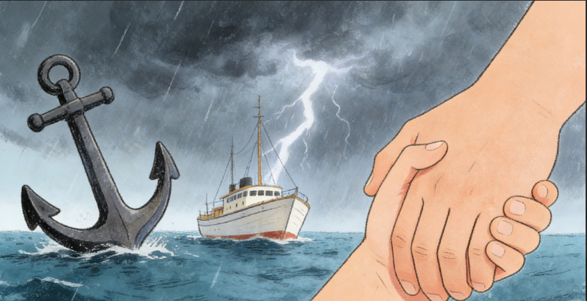 A large anchor sinks in stormy seas near a ship, while two hands grasp each other in the foreground, symbolizing support during turbulent times. Lightning flashes in the dark sky above.
