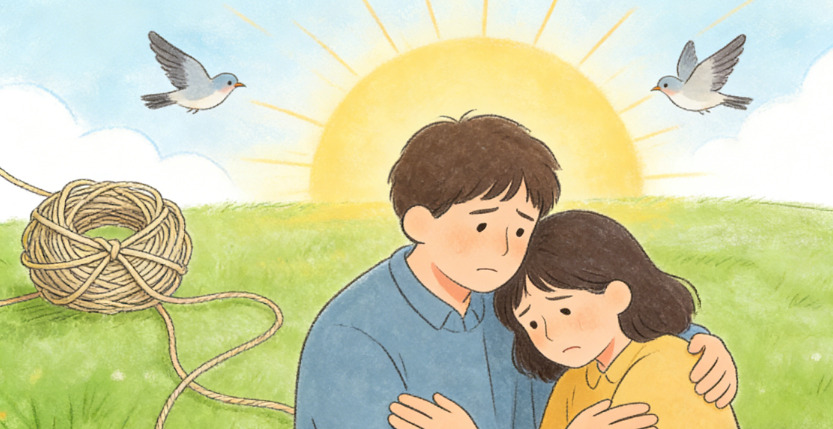 An illustration of a sad man and woman comforting each other in a grassy field with the sun rising behind them. Two birds fly near a ball of string on the ground. The scene evokes comfort and hope.