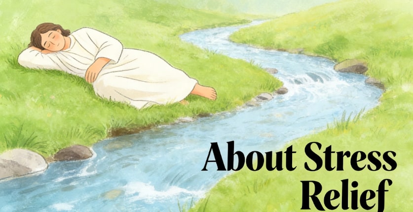 A person in a white robe lies peacefully on grass beside a flowing stream in a green meadow. The text About Stress Relief appears in large black letters.